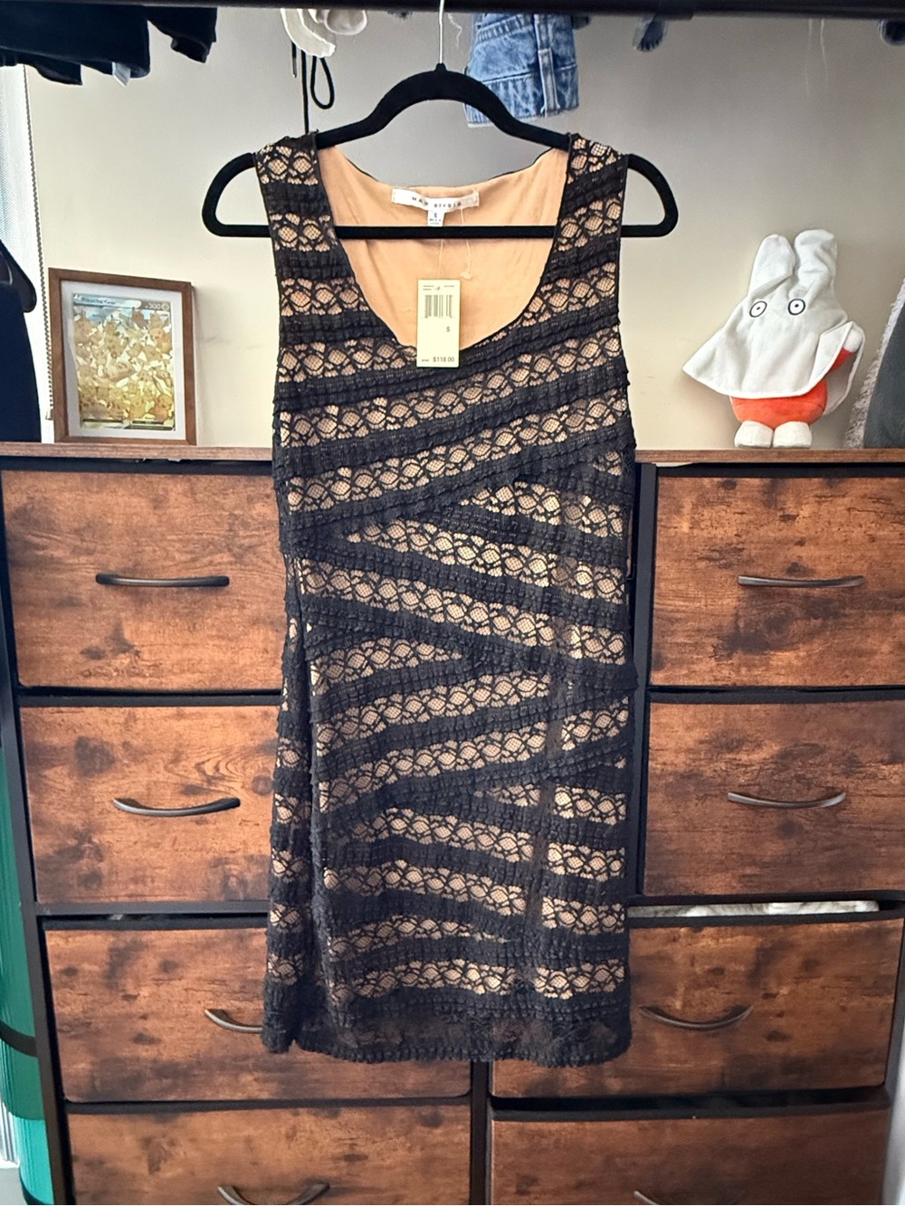 Max Studio Black Lace Overlay Mini Dress with Nude Lining